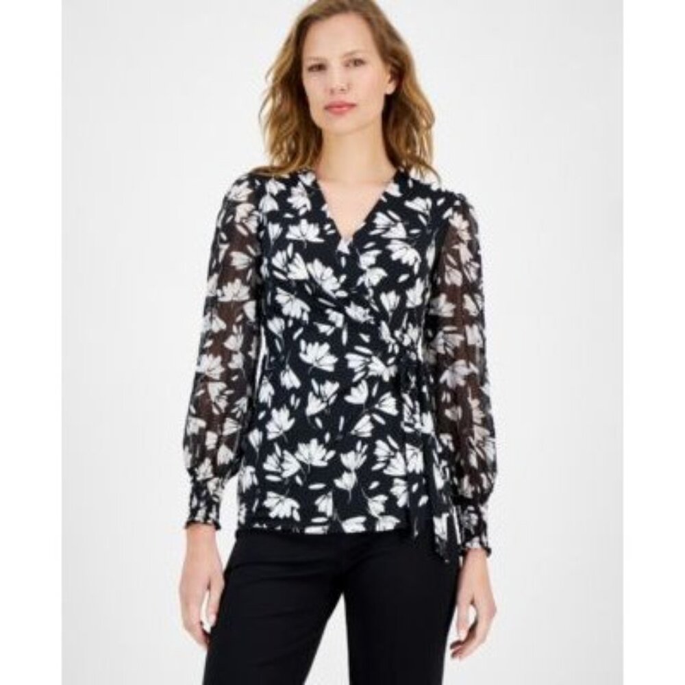 Anne Klein Women's Mixed Media Floral Faux-Wrap Long-Sleeve Blk/White Top XS NWT